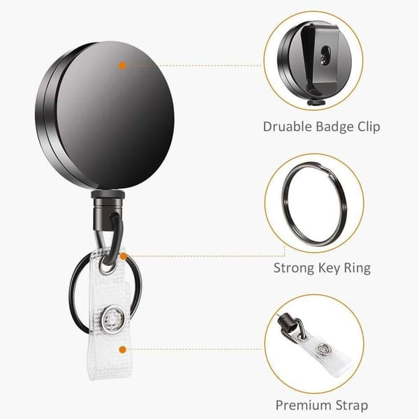 4cm Retractable Key Chain Zinc Alloy Key Ring Heavy Duty Retractable Svart
