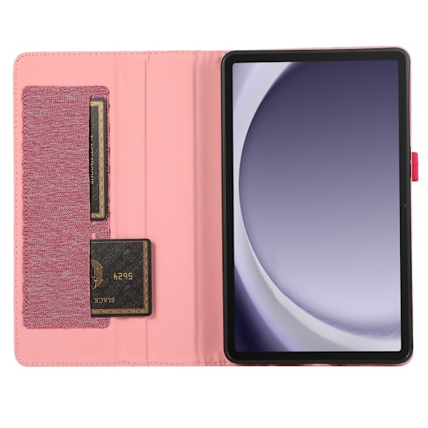 Samsung Galaxy Tab A9+ Vikbart fodral korthållare Tygtextur Rosa