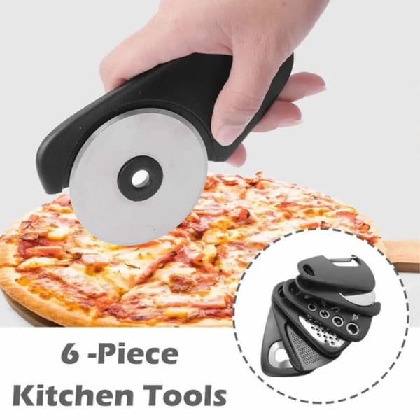 6-i-1 Pizzakutter, Boksåpner, Hvitløksmåler, Skreller osv. Black