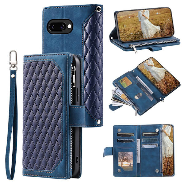 For Google Pixel 10a Wallet Case PU Leather Rhombus Pattern with Wrist Strap- Blue Blue