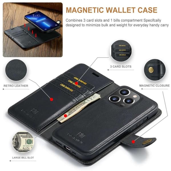 iPhone 15 Pro Max DG.MING Irrotettava 2 - in - 1 - lompakkokuori Black