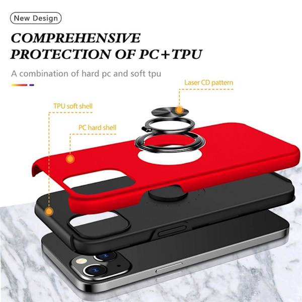 iPhone 14 Plus Finger Ring Stativ Hybrid Etui - Rød Red