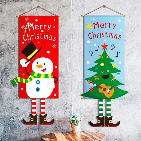 Glædelig jul Flag Xmas hængende banner dørdekoration - Snemand Red