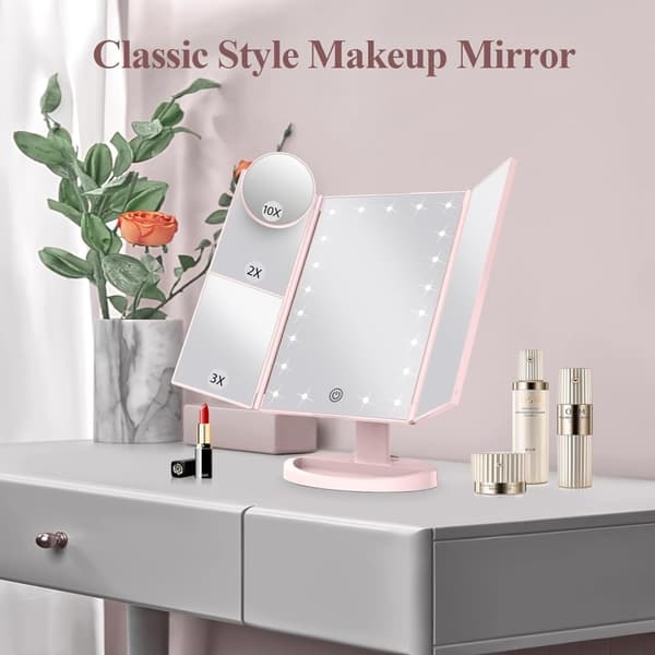 3 - sidet sammenfoldelig makeup spejl, der kan dæmpes lys 22LED bordspejl - Lyserød Pink