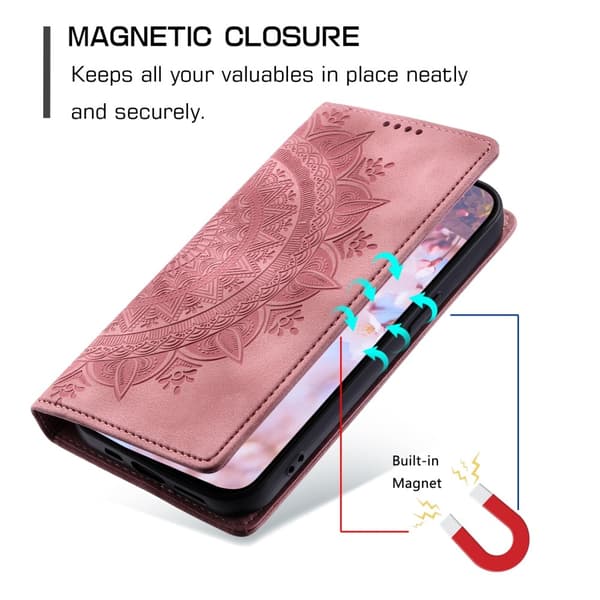 For Samsung Galaxy S25 Lommebok Deksel Shell Mandala Blomstermønster Pink