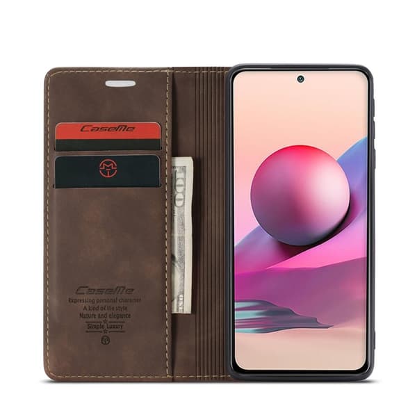CASEME Retro tegnebog taske til Xiaomi Redmi Note 10 4G/Note 10S - Kaffe Brown