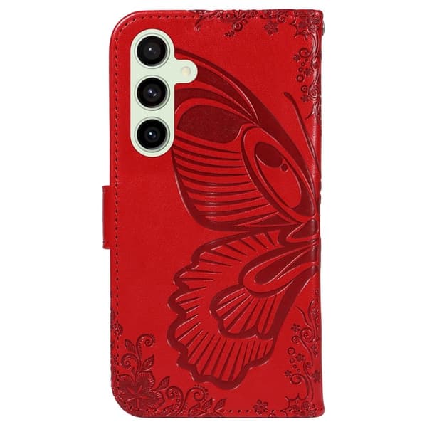 Etui med stativ, lommebok og sommerfuglmønster til Samsung Galaxy S24 FE Red