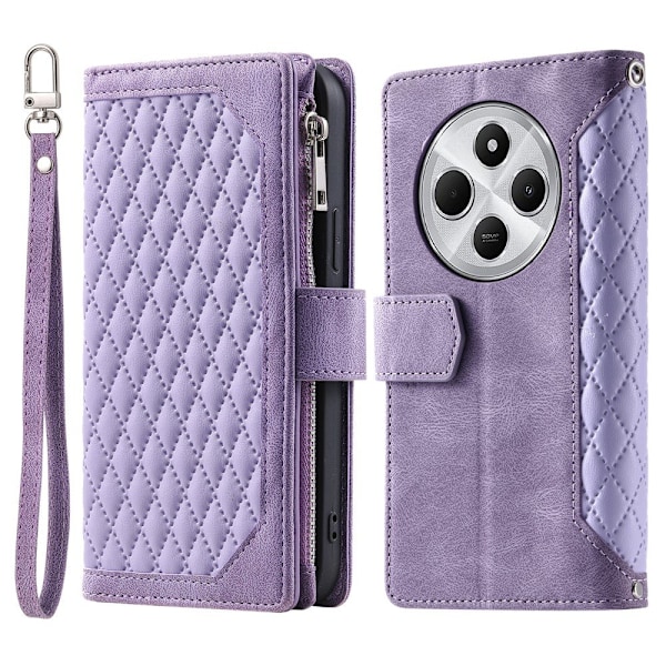 För Xiaomi Redmi 14C Zipper Wallet Case Rhombus Stitching Line Telefonfodral Lila