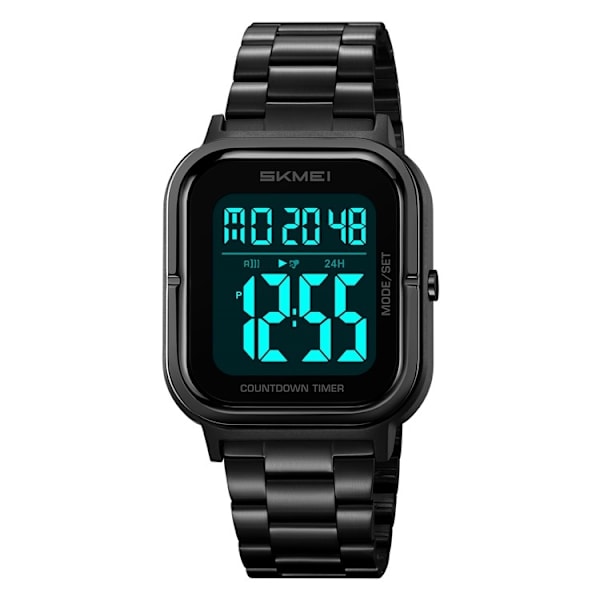 SKMEI Vandtæt Digitalt Armbåndsur Ur Belysning Stopur - Sort + Sort + Stål Black