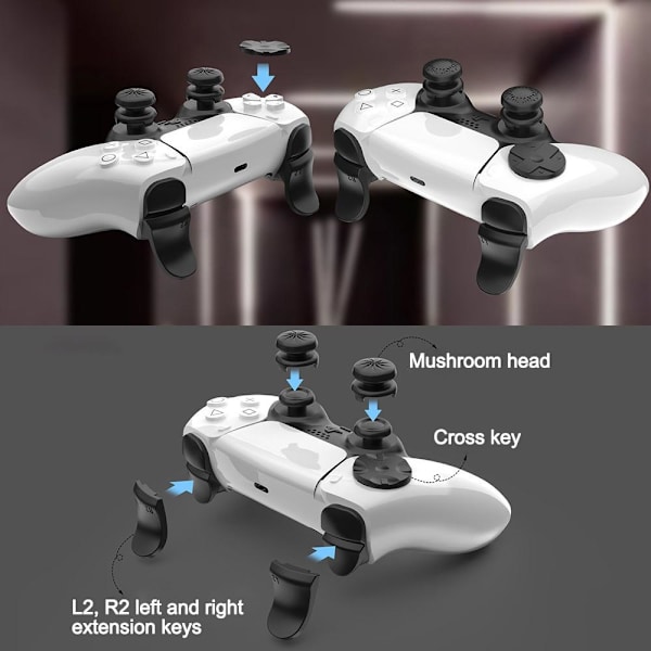 Til Playstation 5 PS5 Controller Tommelfingergreb Sticks L2 R2 Trigger Extender + D - pad - knapsæt Black