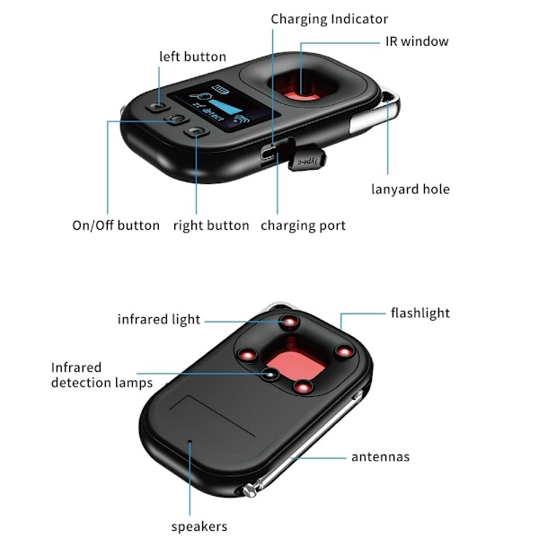 T30 Dold kameradetektor Magnetisk GPS-avlyssningsdetektor Infraröd kamerasökare Svart
