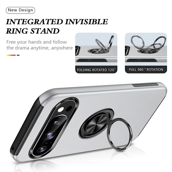 Til Google Pixel 10 Pro / Pixel 10 SkalFingerring Kickstand Hybrid Taske - Silver Silver