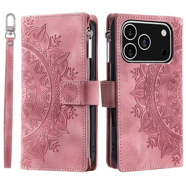 Pungetui kompatibelt med iPhone 17 Pro cover etui mandala blomstermønster Pink