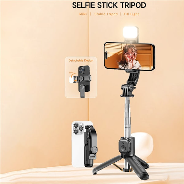 Selfie Stick Justerbart Stativ Bluetooth Selfiepinne Utdragbart med Fill Light Svart
