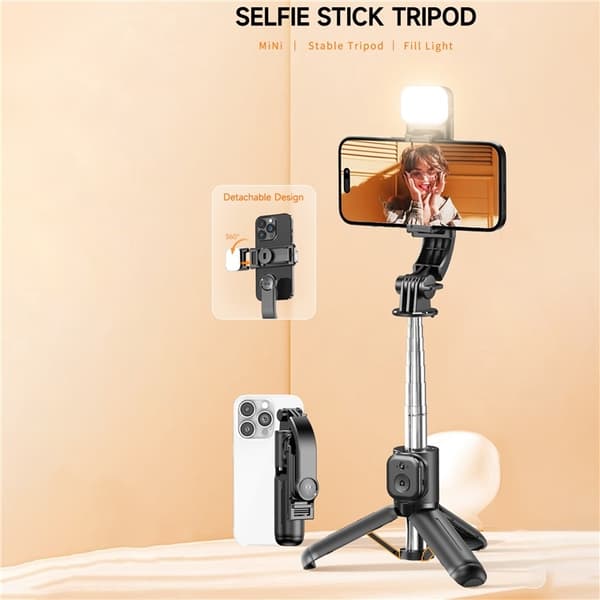 Selfiestang justerbart stativ Bluetooth selfiestang uttrekkbar med fylllys Black