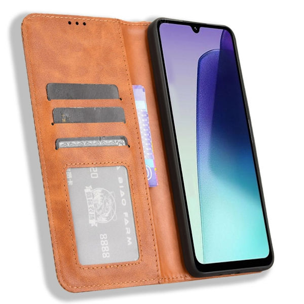 Etui med lommebok og stativ for Xiaomi Redmi 14C, Retro-design Brown