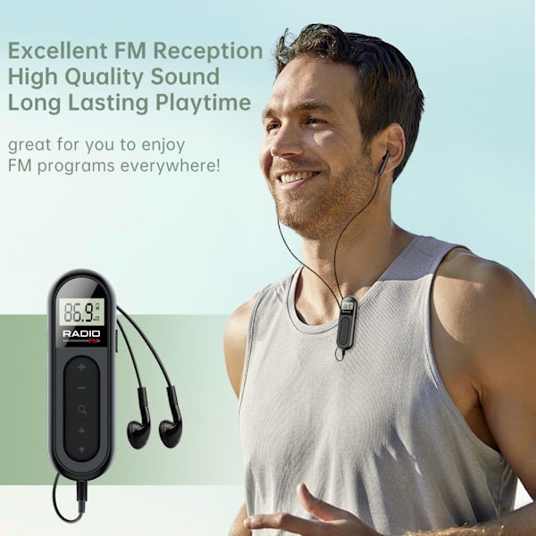 RADIO MI03 Tasku-FM-radio pidikkeellä urheiluun/juoksuun/kokouksiin Black