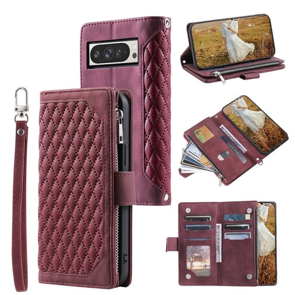 Google Pixel 10 Pro XL Zipper Wallet Case Rhombus Stitching Line Puhelinsuojus Red