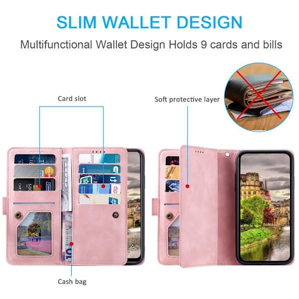 För Samsung Galaxy S25 Edge Fodral med Dragkedja och 9 Kortplatser Rosa