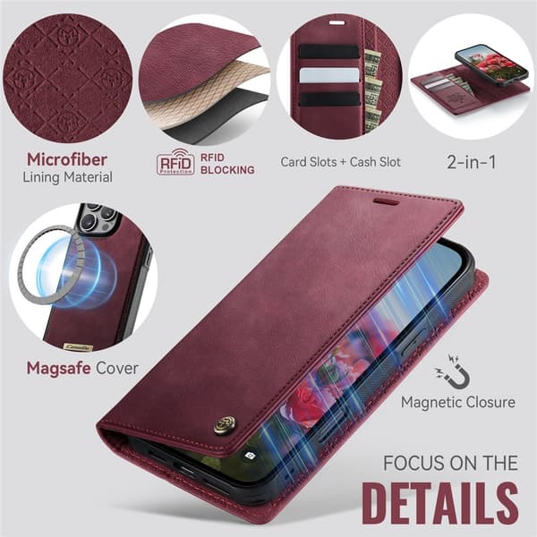 CASEME Til iPhone 16 Pro Max Pungcover Magnetisk Aftagelig RFID Beskyttelse Red