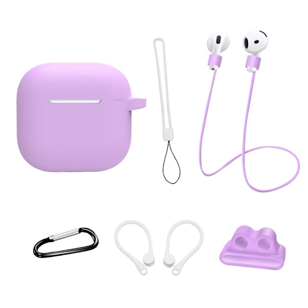 För AirPods 4  6 i 1 Tillbehör Fodral Rem Hållare Öronkrokar Nackrem Nyckelring - Lila Lila