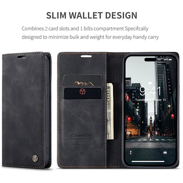 CASEME Retro tegnebog taske til iPhone 15 Pro Max - Sort Black