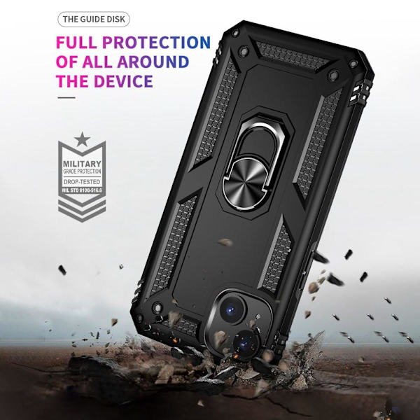 iPhone 14 Iskunkestävä TPU+PC Kickstand Puhelinkotelo Autoon kiinnitettävä metallilevy - musta Black