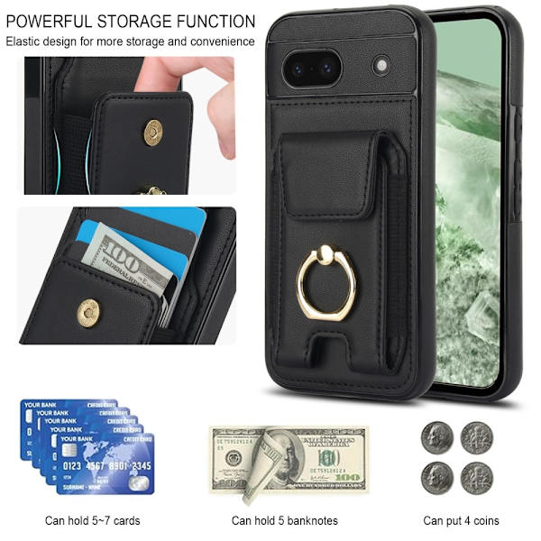 Google Pixel 8a Kickstand Case Puhelimen Suojakotelo Korttipaikoilla Black