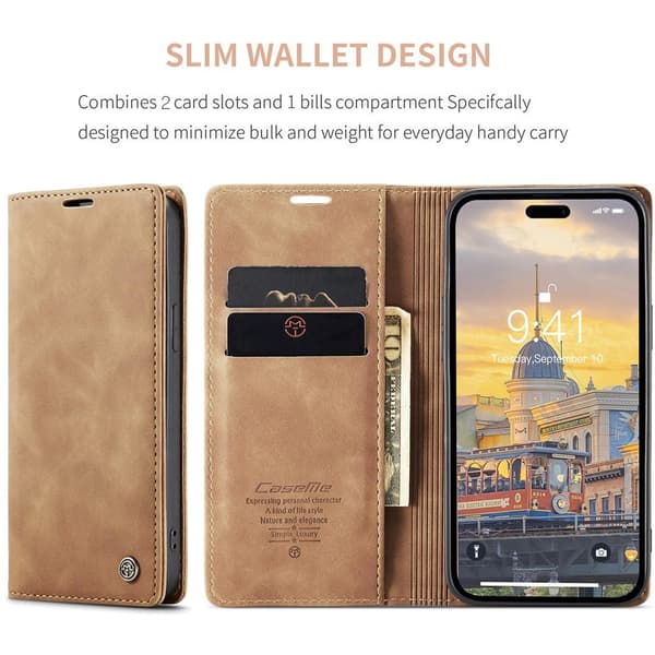 CASEME Retro Lompakkokotelo iPhone 15 Prolle - Ruskea Brown