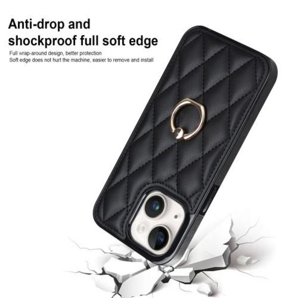 iPhone 14 Etui Rhombus Grid Pattern Bagcoverring Kickstand - Sort Black