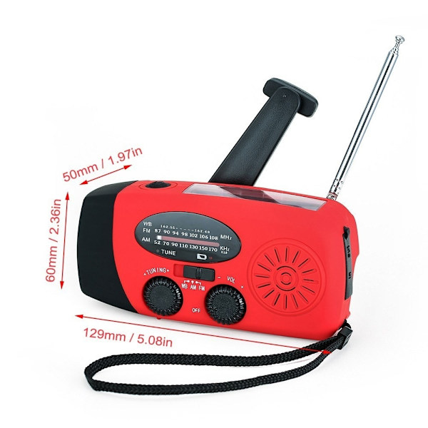 Håndsving Solar FM / AM Radio Lommelygte NOAA Power Bank Red