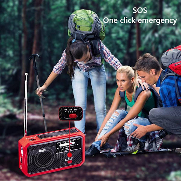 AM FM Radio Solar Laddning Handvev LED-Ficklampa PowerBank Röd