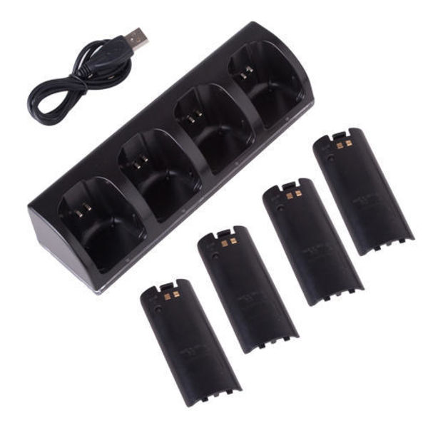 Kompatibel med Wii ladestativ Bluelight ladestasjon for 4 kontroller - svart Black