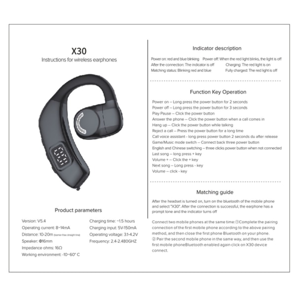X30 Bluetooth 5.4 Single in-Ear hörlurar Trådlös Hook - Vit Vit