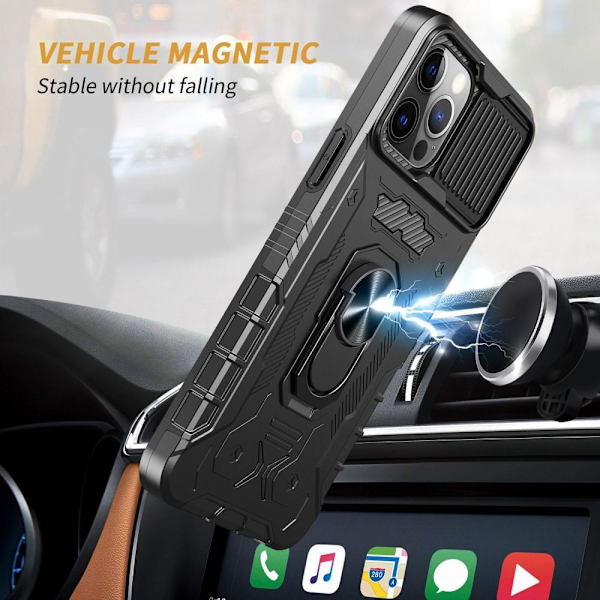 iPhone 14 Pro Hybridskal med FingerRing & kameraskydd + härdat glas Svart