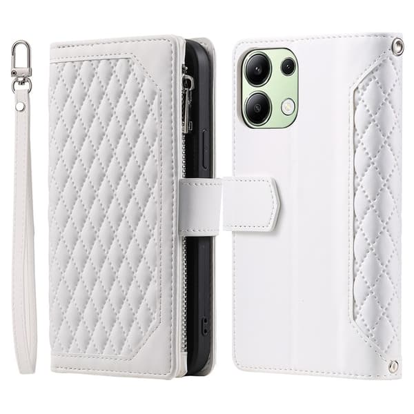 För Xiaomi Redmi 15C Zipper Wallet Case Rhombus Stitching Line Telefonfodral Vit