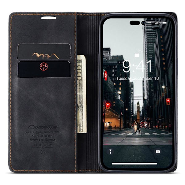 CASEME Retro tegnebog taske til iPhone 14 Pro - sort Black