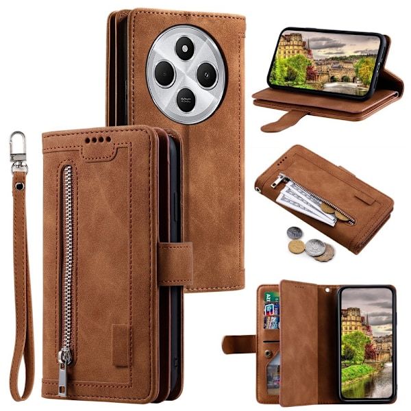 Til Xiaomi Redmi 14C Etui med Lynlåslomme og 9 Kortlommer – Brun Brown