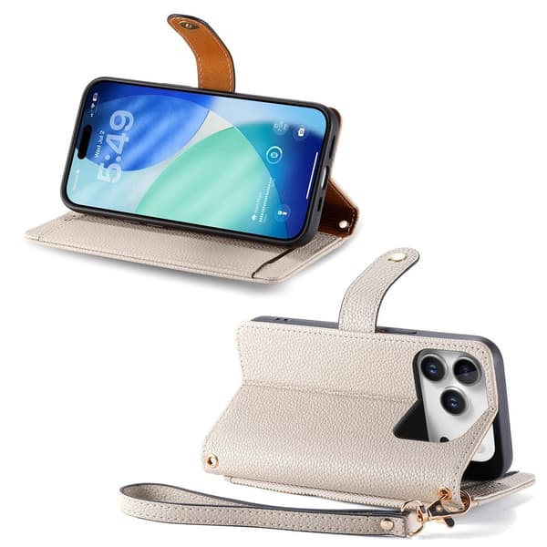 For iPhone 17 Pro Deksel RFID-blokkering Glidelåslomme Lommebokdeksel med Stropp Beige