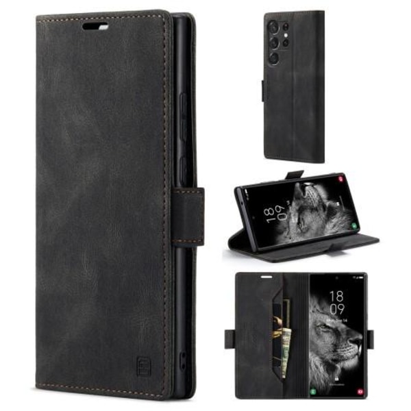 AUTSPACE A01 Retro tegnebog taske til Samsung Galaxy S23 Ultra - Sort Black