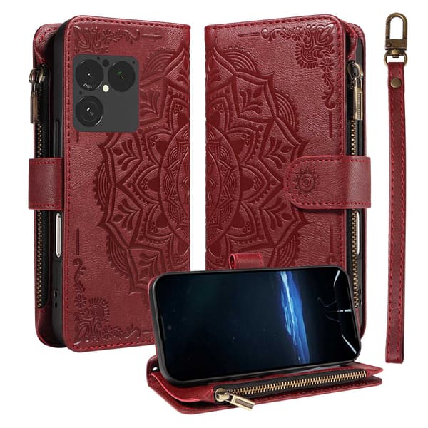 Lommebokdeksel med Mandala-mønster og Håndleddsstropp til Sony Xperia 1 VIII Wine red