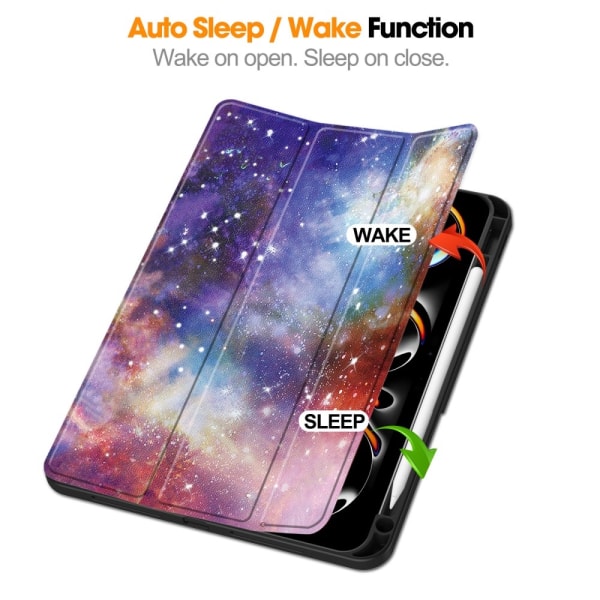 Etui for iPad Pro 11 (2024) med Tri-fold Stativ, Tablettdeksel med Penneholder - Galaxy Multicolor
