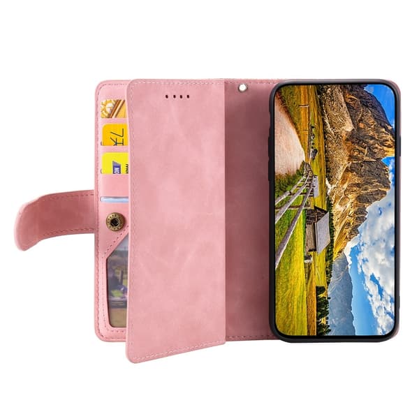 Til iPhone 17e / 16e Etui med Lynlåslomme og 9 Kortlommer Pink gold