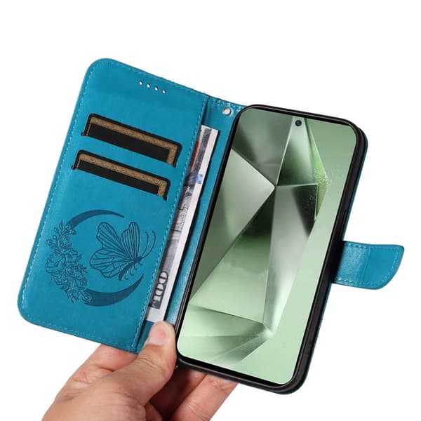 Til Samsung Galaxy S24 FE Etui Stand Tegnebog Etui Sommerfuglemønster Blue