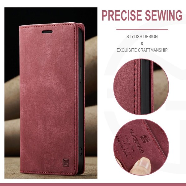 AUTSPACE A01 Retro Wallet Case for iPhone 13 Pro - Red Red