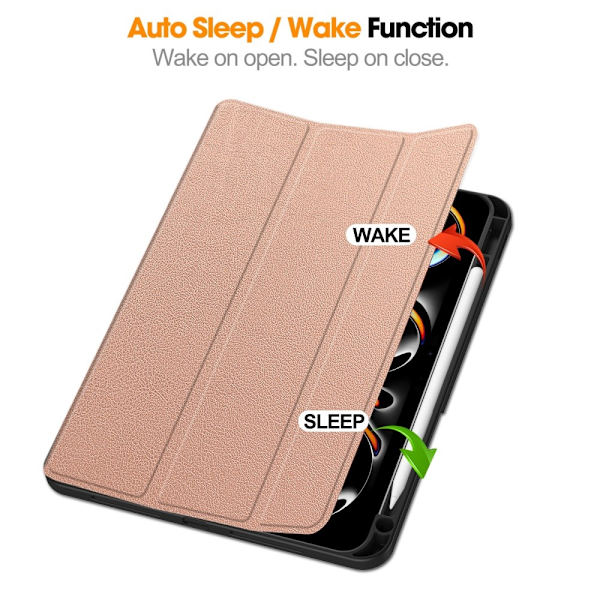 Til iPad Pro 11 (2024) Etui Tre-fold Stativ Tablet Cover med Pen Holder Pink gold