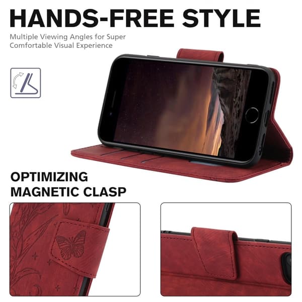 For iPhone 17e / 16e Etui Sommerfugl Blomst Ripebestandig Telefondeksel Red