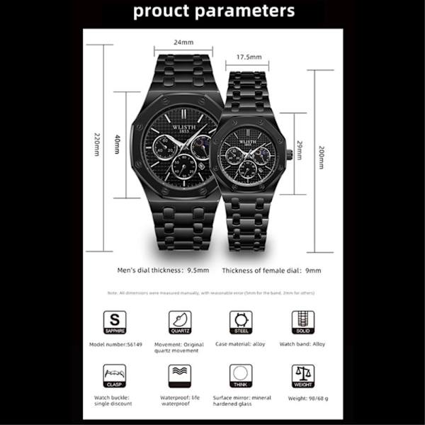 Armbåndsur Herre WLISTH Fashion Analog Quartz Ur Lysende Black