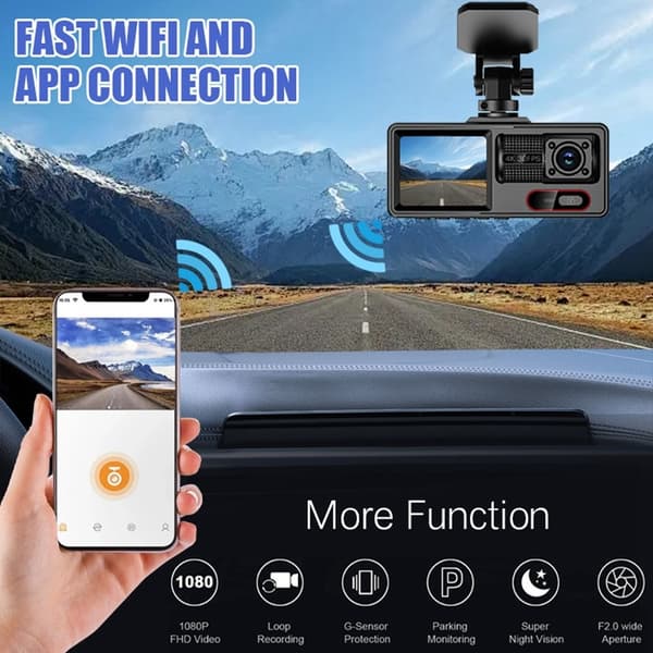 3-kanals dashcam med Wi-Fi, G-sensor, parkeringsovervågning og nattesyn Black