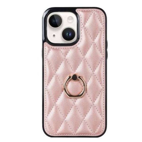 iPhone 14 Etui Rhombus Grid Mønster Bagcoverring Kickstand - Rose Gold Pink gold